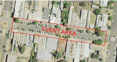 Aerial photo of Condobolin highlighting main shopping precinct in Bathurst Street
